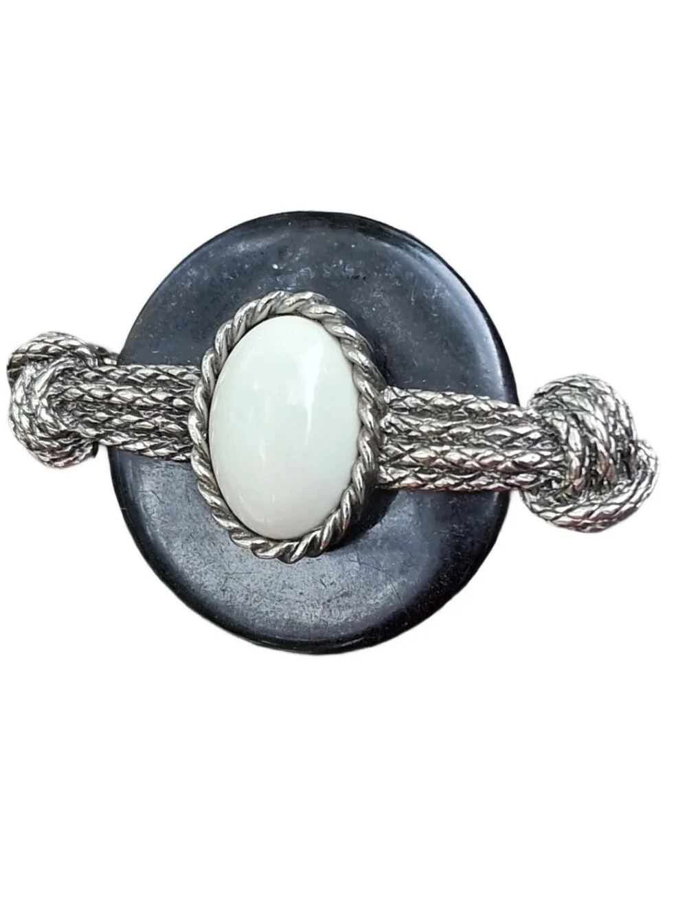 Vintage Black & White Faux Lucite Ring Bar Brooch Cabochon Knot Pin